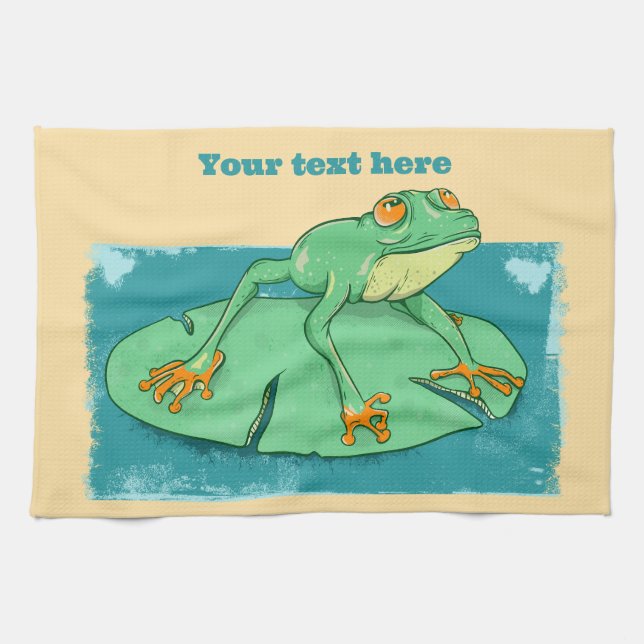 Cute green frog on a lily pad tea towel (Horizontal)