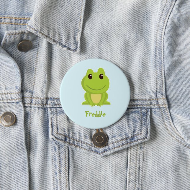 Cute green frog on blue  7.5 cm round badge (In Situ)