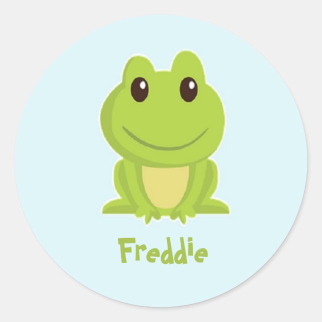 Cute green frog on blue  classic round sticker (Front)