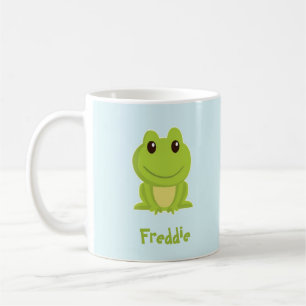 Cute green frog on blue coffee mug