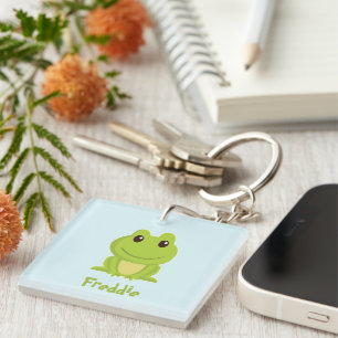 Cute green frog on blue key ring