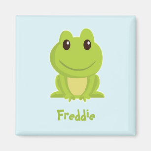Cute green frog on blue magnet