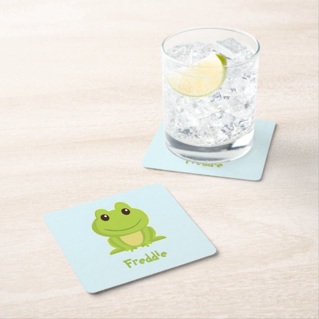 Cute green frog on blue  square paper coaster (Insitu)