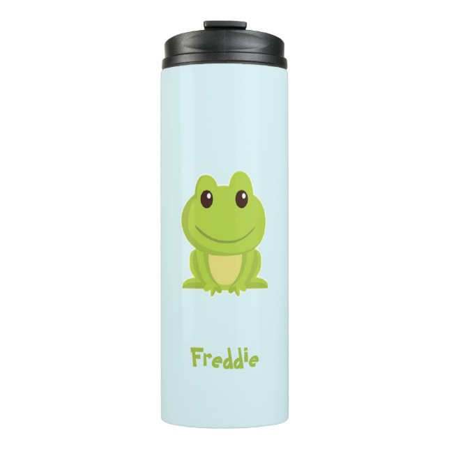 Cute green frog on blue  thermal tumbler (Front)