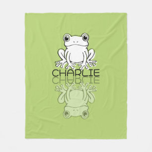 Cute Green Frog Reflection Doodle Custom Name Fleece Blanket