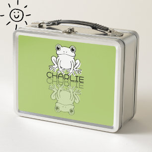 Cute Green Frog Reflection Doodle Custom Name  Metal Lunch Box