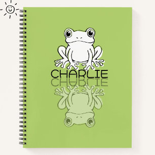 Cute Green Frog Reflection Doodle Custom Name Notebook