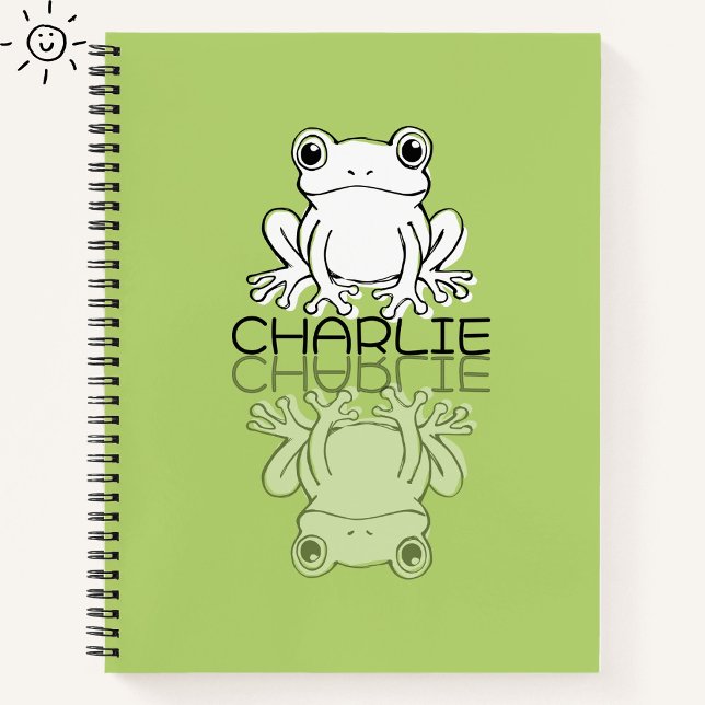 Cute Green Frog Reflection Doodle Custom Name  Notebook (Creator Uploaded)