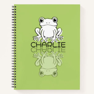 Cute Green Frog Reflection Doodle Custom Name Notebook
