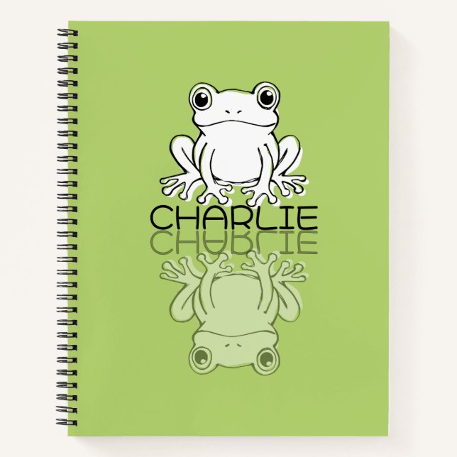 Cute Green Frog Reflection Doodle Custom Name  Notebook (Front)