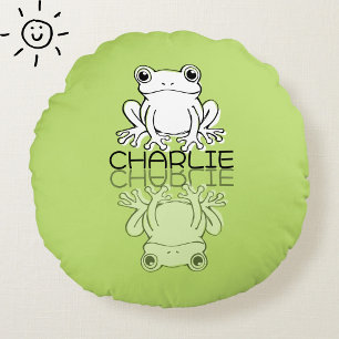 Cute Green Frog Reflection Doodle Custom Name Round Cushion