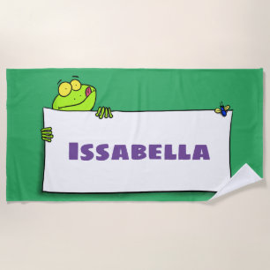 Cute green frog sign cartoon illustration beach towel