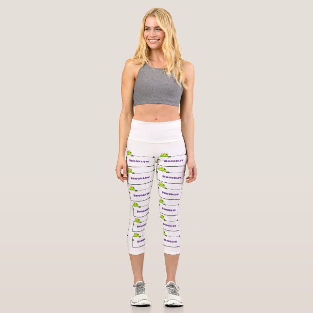 Cute green frog sign cartoon illustration capri leggings (Front)