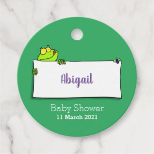 Cute green frog sign cartoon illustration  favour tags