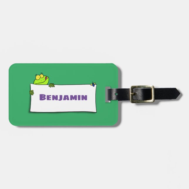 Cute green frog sign cartoon illustration luggage tag (Front Horizontal)