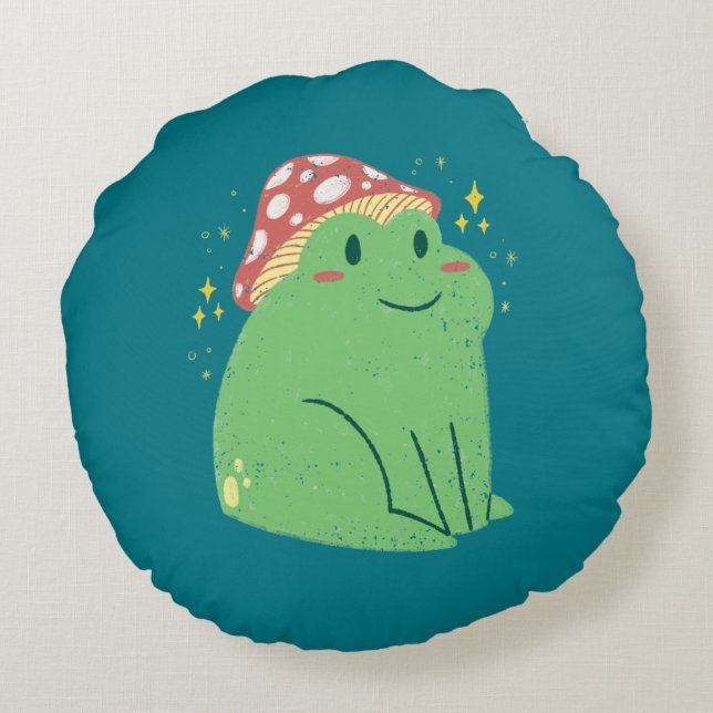 Cute Green Frog with Mushroom Hat Round Cushion (Back)