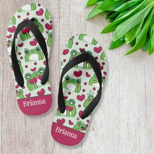 Cute Green Frogs and Heart Pattern Custom Kid's Jandals