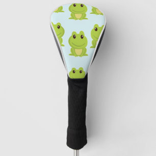 Cute green frogs on blue golf head cover