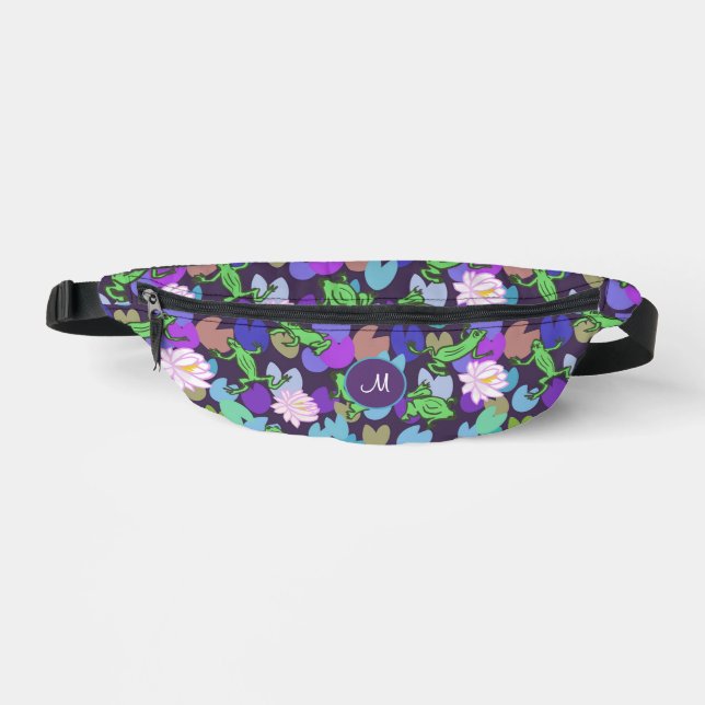 Cute Green Frogs Purple Monogram Fanny Pack (Front)