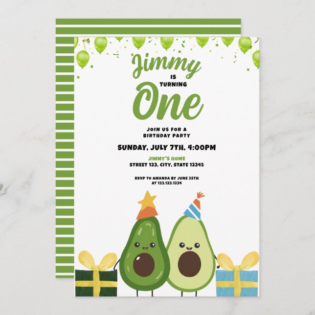Cute Green Fruit Avocado Birthday Invitation (Front/Back)