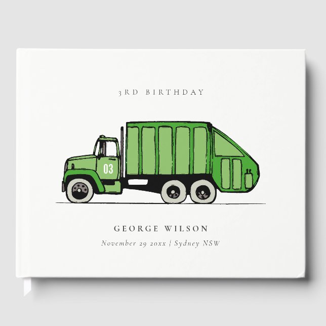 Cute Green Garbage Truck Kids Any Age Birthday Guest Book (Front)