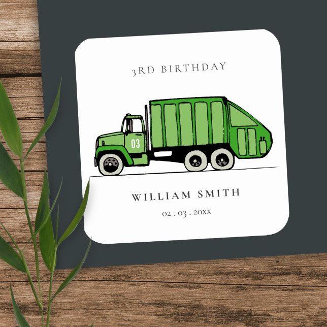 Cute Green Garbage Truck Kids Any Age Birthday Square Sticker (Creator Uploaded)