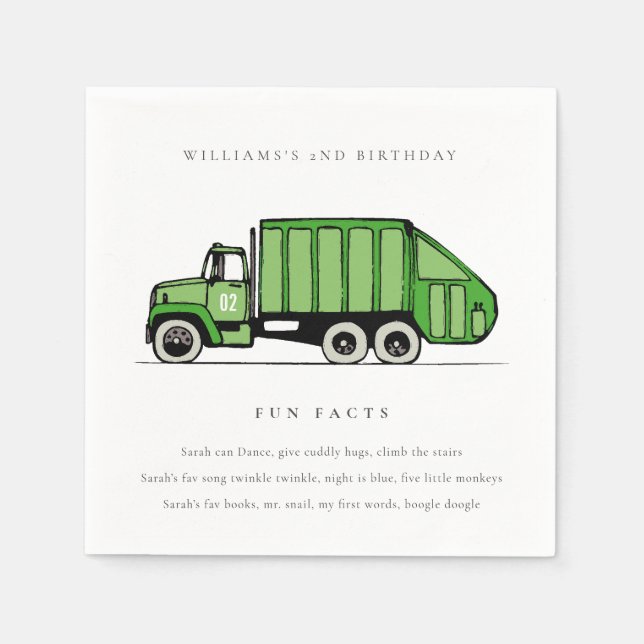 Cute Green Garbage Truck Kids Fun Facts Birthday Napkin (Front)