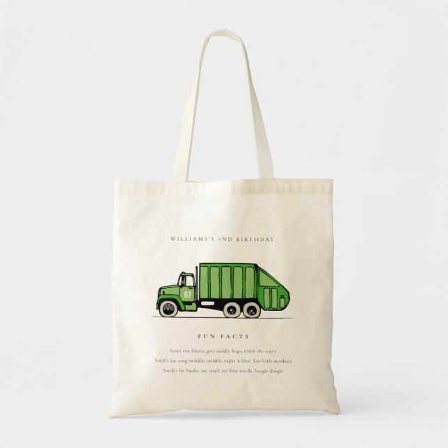Cute Green Garbage Truck Kids Fun Facts Birthday Tote Bag (Front)