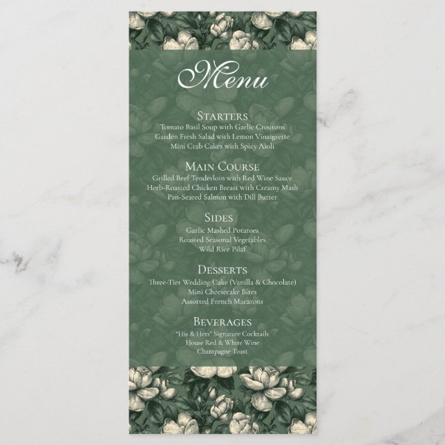 Cute Green Gardenias Aesthetic Boho Wedding Menu (Front)