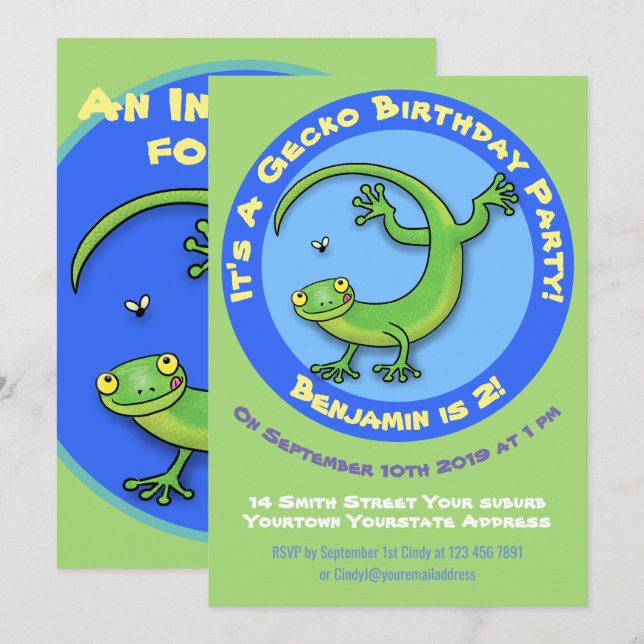 Cute green gecko cartoon invitation (Front/Back)
