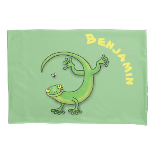 Cute green gecko lizard cartoon illustration pillowcase