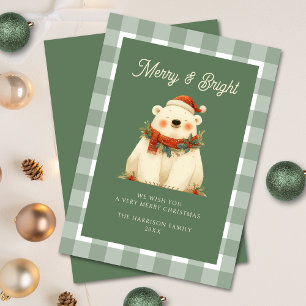 Cute Green Gingham Check Merry & Bright Holiday Card