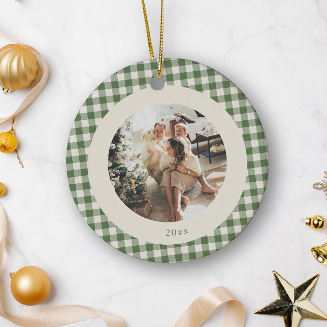 Cute Green Gingham Custom Photo Year Ornament (Creator Uploaded)