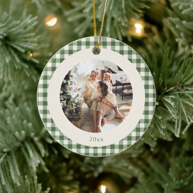 Cute Green Gingham Custom Photo Year Ornament (Tree)
