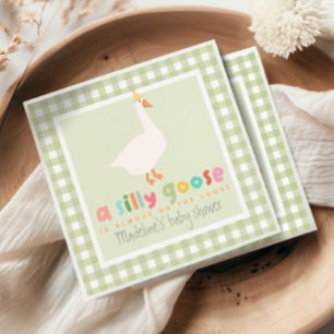 Cute Green Gingham Neutral Silly Goose Baby Shower Napkin
