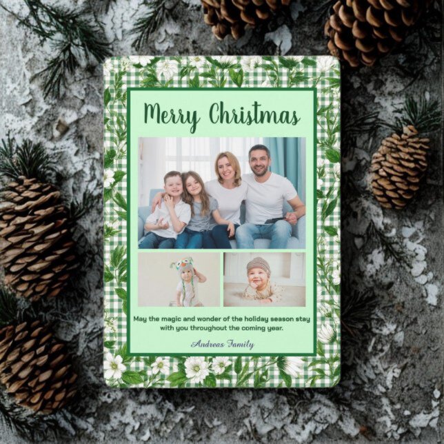 Cute Green Gingham Plaid 3 Photo Christmas  Holiday Card (Creator Uploaded)