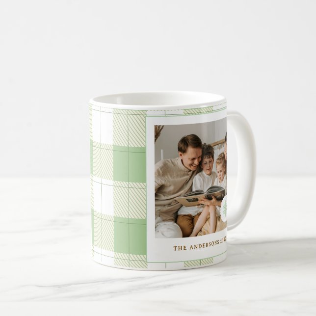 Cute Green Gingham Plaid Custom Family Photo Coffee Mug (Front Right)