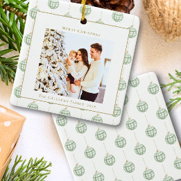Cute Green Gingham Plaid Custom Photo Christmas Ceramic Ornament