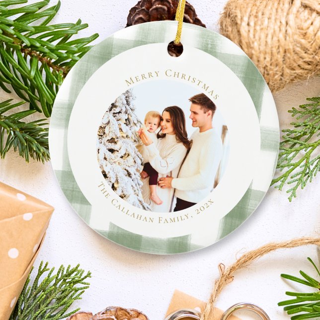 Cute Green Gingham Plaid Custom Photo Christmas Ceramic Tree Decoration (Creator Uploaded)