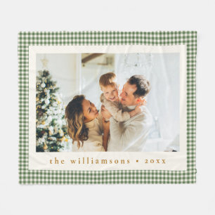 Cute Green Gingham Plaid Custom Photo Christmas Fleece Blanket