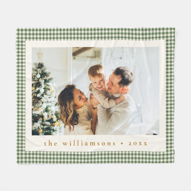 Cute Green Gingham Plaid Custom Photo Christmas Fleece Blanket (Front (Horizontal))