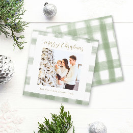 Cute Green Gingham Plaid Custom Photo Christmas Holiday Card