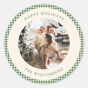 Cute Green Gingham Plaid Custom Photo Greeting Classic Round Sticker