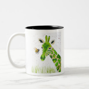 Cute Green Giraffe and a bumble bee Two-Tone Coffee Mug