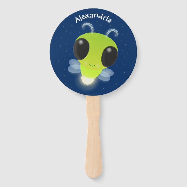 Cute green glow bug firefly cartoon illustration hand fan (Front)