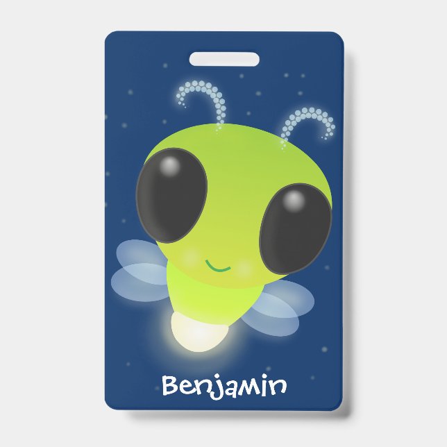 Cute green glow bug firefly cartoon illustration ID badge (Front)