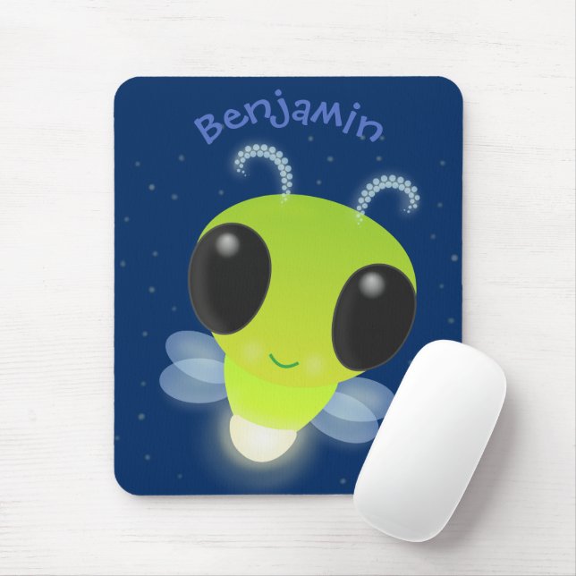 Cute green glow bug firefly cartoon illustration mouse pad (With Mouse)