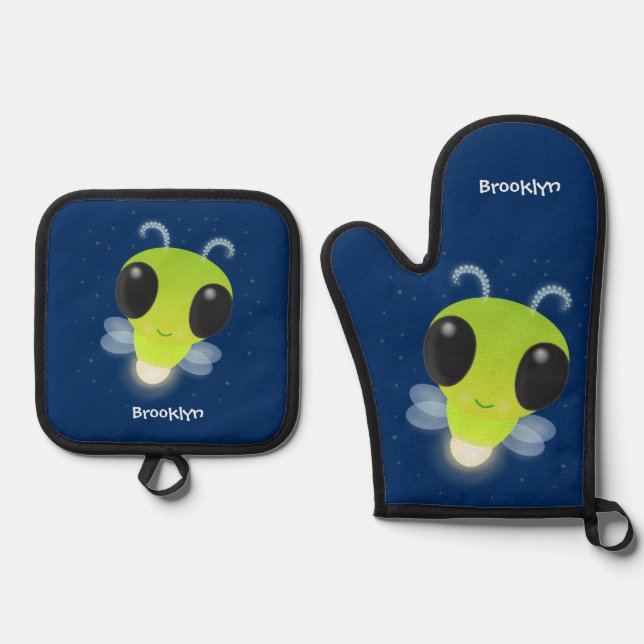 Cute green glow bug firefly cartoon illustration oven mitt & pot holder set (Front)