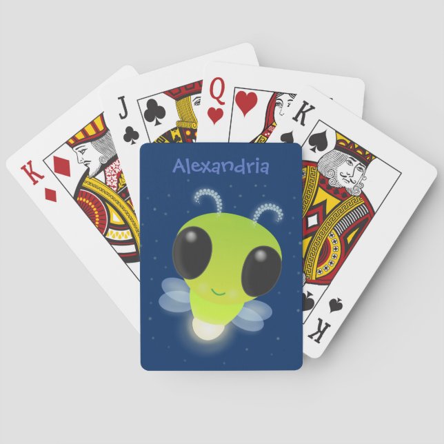 Cute green glow bug firefly cartoon illustration playing cards (Back)