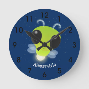 Cute green glow bug firefly cartoon illustration round clock